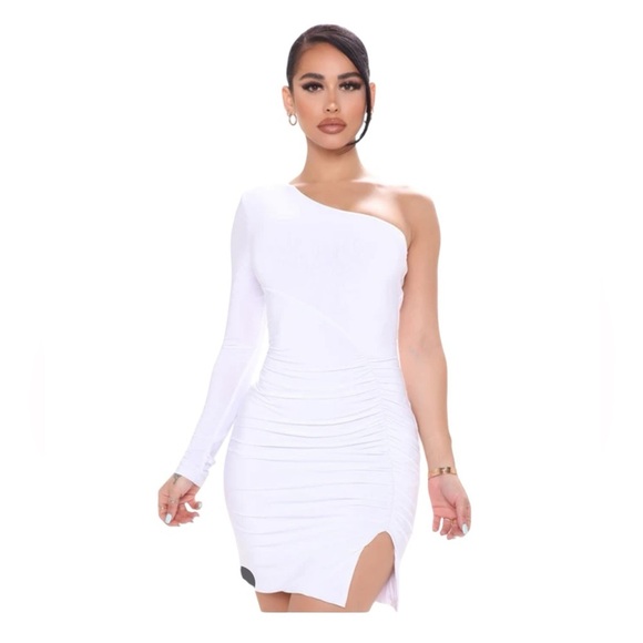 FASHION NOVA.  Elegant White Ruched Dress - Picture 2 of 8
